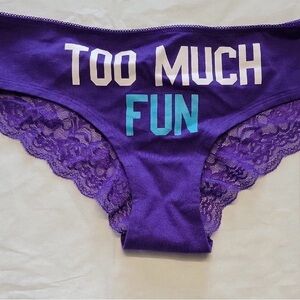 NWT 2012 Victoria’s Secret PINK Purple “TOO MUCH FUN” Lace Back Hipster Panty L